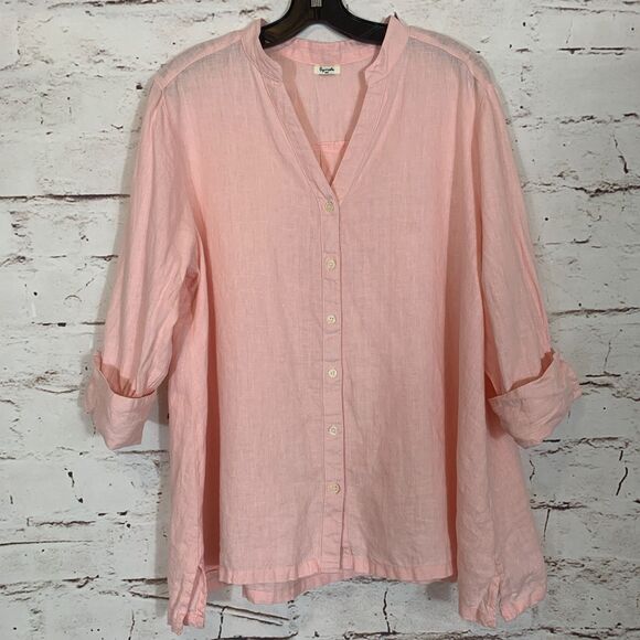 Symple NYC Pink 100% Linen Button Down Blouse Women’s XL Relaxed Fit Lagenlook - Picture 1 of 6